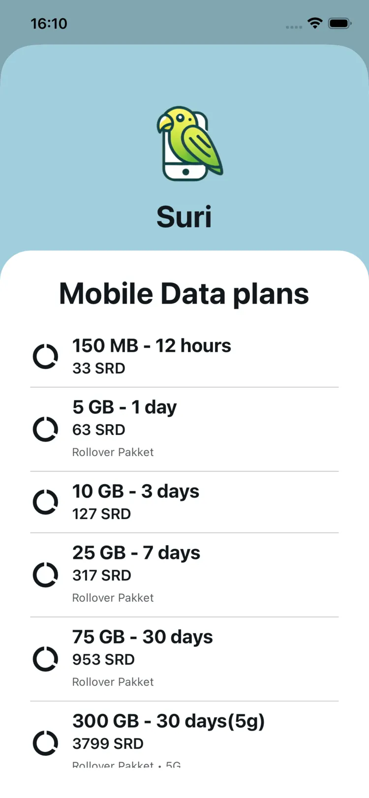 Suri app data plans interface displaying available Telesur prepaid data packages