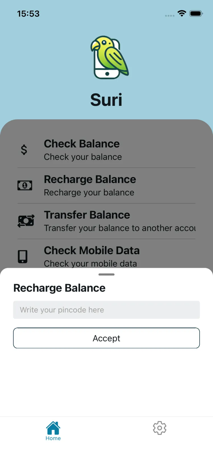 Suri app payment confirmation screen for mobile credit and data plan activation